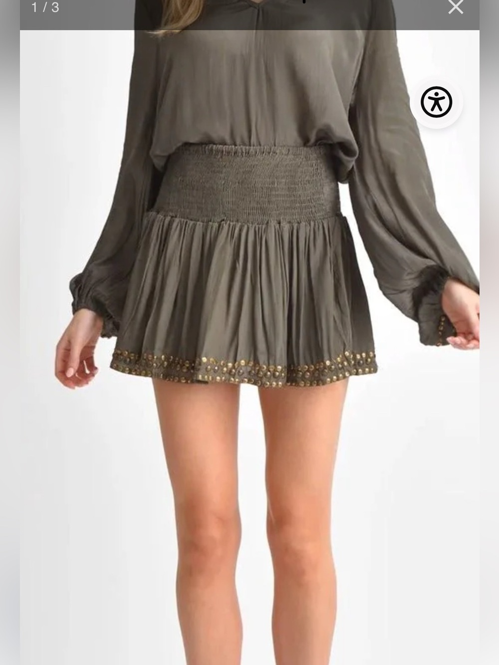 Olive Smocked Waist Mini Skirt with Stud Embellished Hem